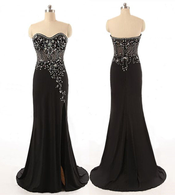 Beading Black Long Evening Dress, Mermaid Elegant Evening Dress, Sexy Side Slit Evening Dress, Charming Custom Fitted Formal Dress 2016