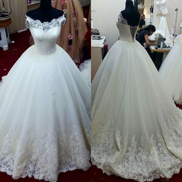 2016 Custom Make Cap Sleeve Lace Beaded Tulle Ivory Elegant Wedding Ball Gowns Wedding Dress
