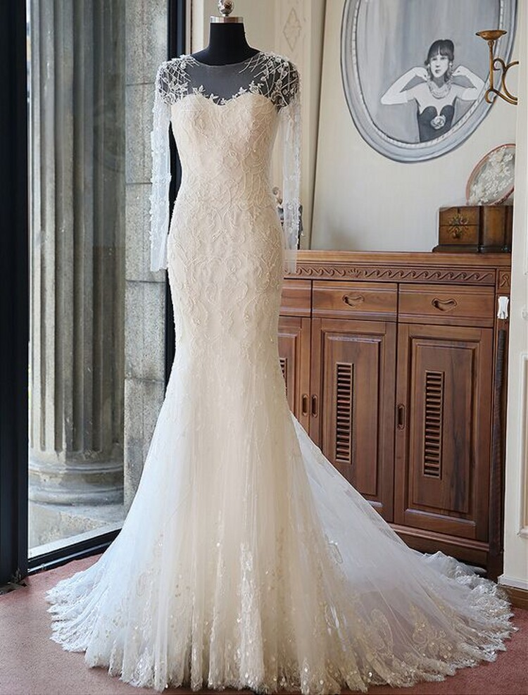 Long Sleeve Chapel Train Wedding Dress Ivory Mermaid Lace Elegant Wedding Dress Bridal Dresses 2016 Vestido De Novia