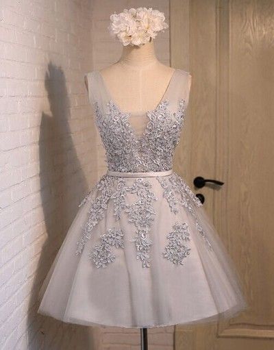Silver Party Dress, Tulle Party Dress, Lace Party Dress, Cocktail Party Dress, V Neck Party Dress, Short Party Dress, Homecoming Dress, Sexy