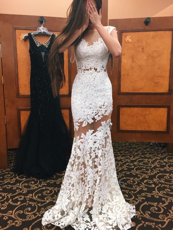 A Line V Neck White Lace Long Prom Dresses with High Slit, V Neck Whit –  Lwt Dress