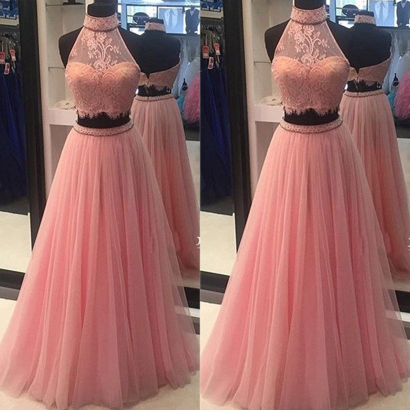 Two Piece Prom Dresses, Lace Prom Dresses, Pink Prom Dress, Fashion Prom Dress, Pink Evening Dresses, Lace Prom Dress, High Neck Evening Dress,