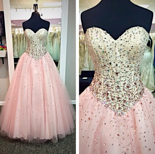Pink Prom Dresses, Crystals Prom Dress, Tulle Prom Dress, Floor Length Prom Dress, Elegant Prom Dress, Beaded Prom Dress, Graduation Dresses,