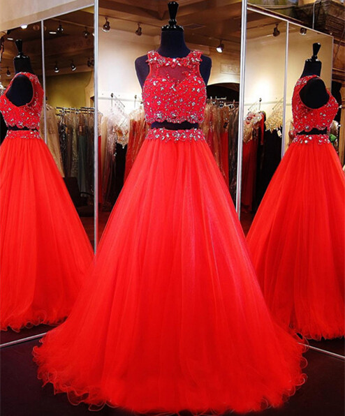 2 Piece Prom Dresses, Red Prom Dresses, A Line Prom Dress, Beaded Prom Dress, Tulle Prom Dress, Sexy Formal Dress, Senior Formal Dress, Prom