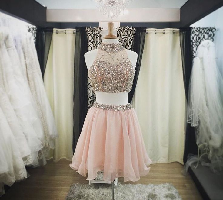 2 Piece Prom Dresses, Crystals Prom Dresses, High Neck Prom Dresses, Beaded Prom Dresses, Sexy Homecoming Dress, Pink Homecoming Dresses, Short