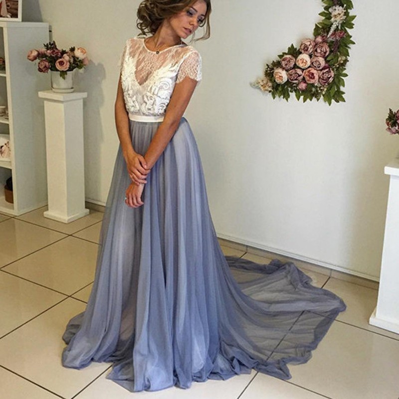  Dusty  Blue  Prom  Dress  Lace Prom  Dress  Applique Prom  