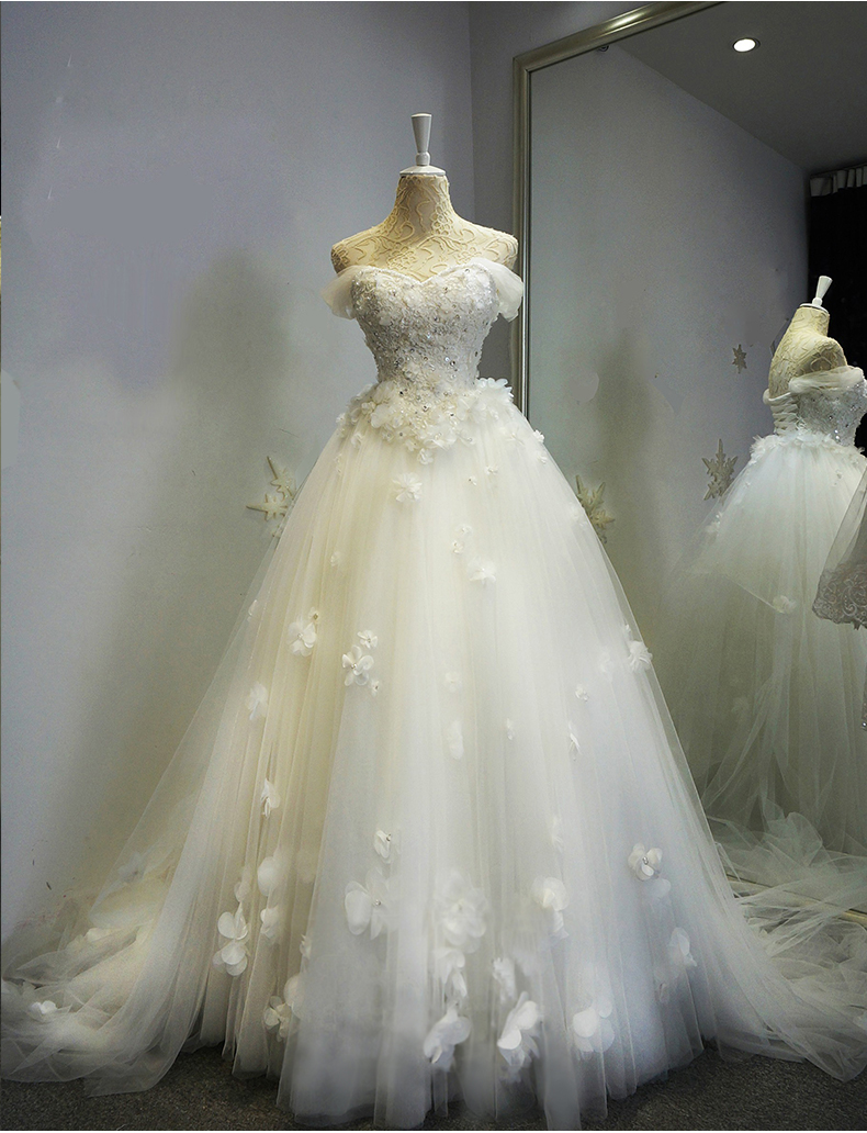 Ivory Wedding Dress, Handmade Flowers Wedding Dress, A Line Wedding Dress, Cap Sleeve Wedding Dress, Crystals Wedding Dress, Vestido De Novia, Cheap Bridal Dresses, Wedding Gowns 2017