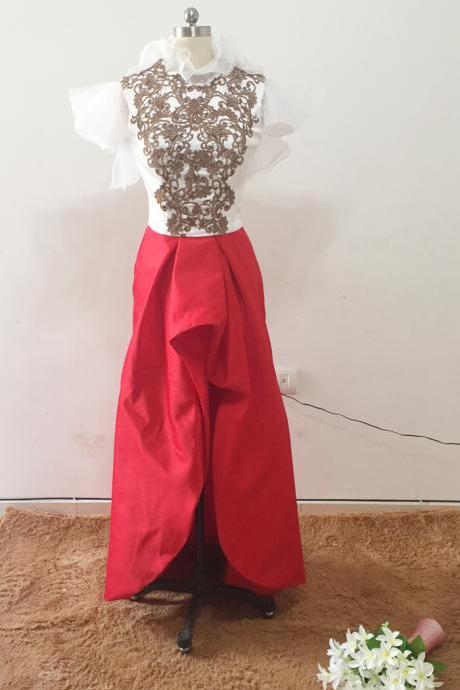 High Front And Low Back Prom Dresses, Real Picture Prom Dress, Red Prom Dresses,white And Red Prom Dresses, Ruffle Prom Dresses, Lace Appliques