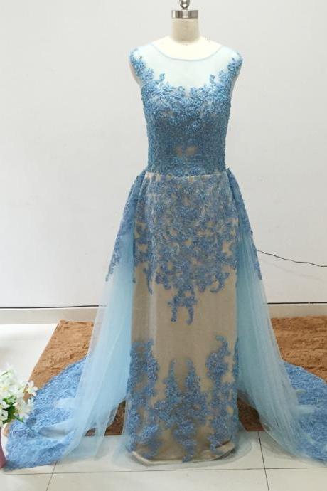 Blue Prom Dresses, Real Picture Prom Dresses, Detachable Train Prom Dresses, Detachable Skirt Prom Dresses, Tulle Prom Dresses,sheer Crew