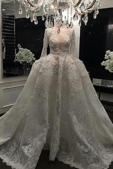 Luxury Wedding Dress, Real Photo Wedding Dress, Wedding Ball Gown, Lace Applique Wedding Dress, Ivory Wedding Dress, Long Sleeve Wedding Dress, Deep V Neck Wedding Dress, Princess Wedding Dress, Crystal Wedding Gown