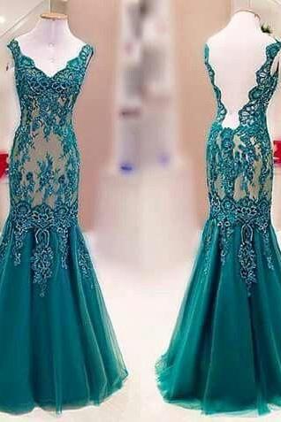 Green Prom Dresses, Deep V Neck Prom Dresses, Lace Prom Dresses, Mermaid Prom Dresses, Lace Formal Dresses, Green Evening Dresses, Tulle Evening