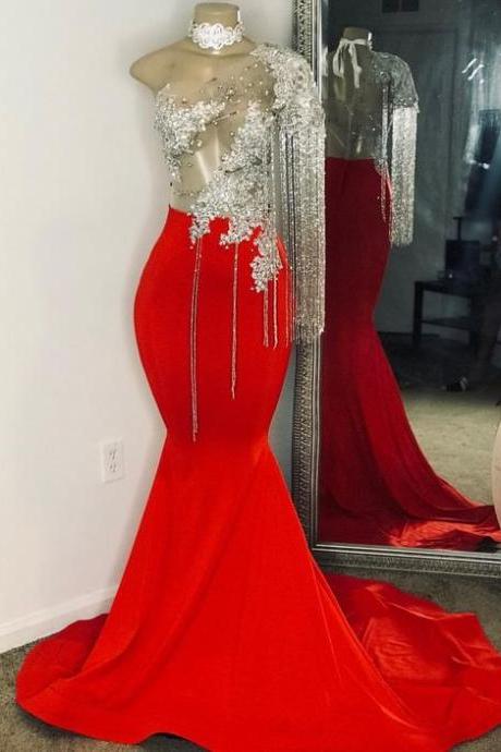 Tassel Prom Dresses, One Shoulder Prom Dresses, Mermaid Prom Dresses, Red Prom Dresses, Tassel Prom Dress, Tassel Evening Dress, Red Prom
