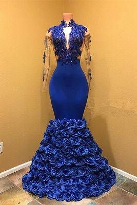 Long Sleeve Prom Dresses, Royal Blue Prom Dresses, Hand Made Flowers Prom Dresses, Lace Prom Dress, Beaded Prom Dresses, Flowers Evening Dresses,