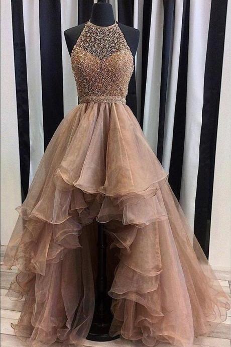 Beaded Prom Dresses, Halter Evening Dresses, High Front And Low Back Prom Dress, Ruffle Prom Dress, Organza Prom Dresses, Beading Evening