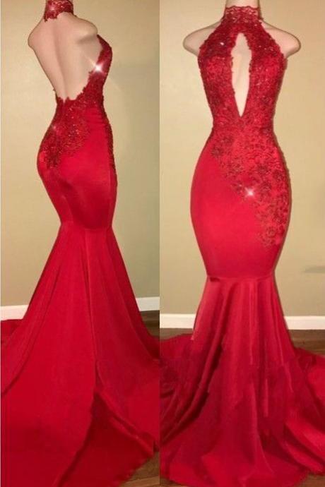 Red Prom Dresses, Lace Prom Dresses, Mermaid Prom Dresses, Backless Prom Dresses, Satin Evening Dresses, 2020 Prom Dresses, Keyhole Evening