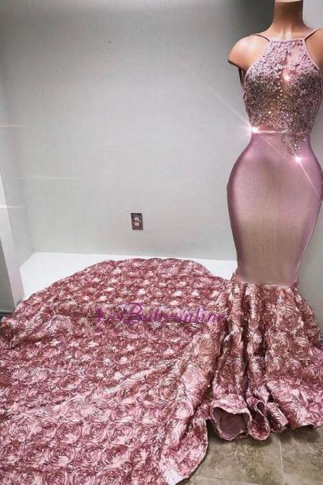 Pink Prom Dresses, Flowers Evening Dresses, Arabic Prom Dresses, Lace Prom Dress, Arabic Evening Dresses, 2020 Evening Dresses, Lace Formal