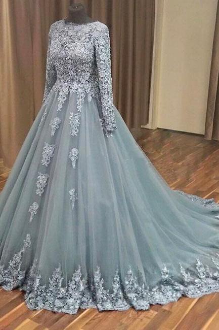 Sliver Prom Dresses, Ball Gown Prom Dresses, Long Sleeve Prom Dresses, Lace Evening Dresses, Arabic Prom Dresses, Long Sleeve Formal Dresses,
