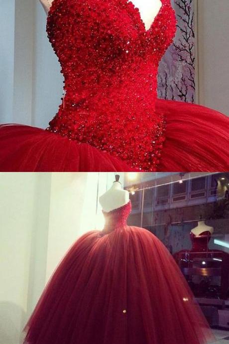 Red Prom Dresses, Ball Gown Prom Dress, Sweetheart Prom Dresses, Puffy Evening Dresses, Tulle Evening Dresses, Sexy Evening Dresses, Pearls Prom