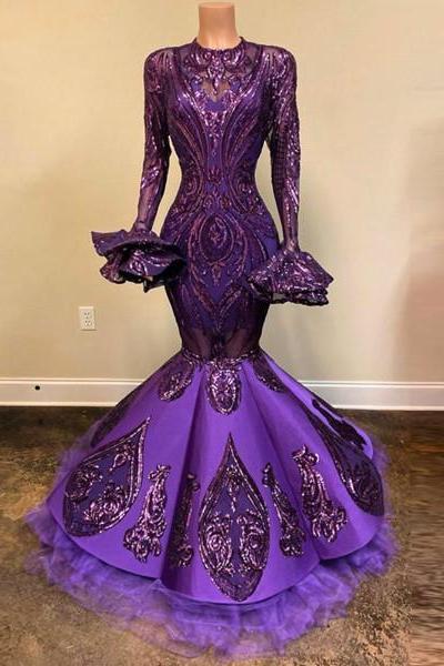 Purple Prom Dresses, 2020 Prom Dresses, Long Sleeve Prom Dresses, Mermaid Prom Dresses, Lace Prom Dresses, Evening Dresses, Custom Make Party