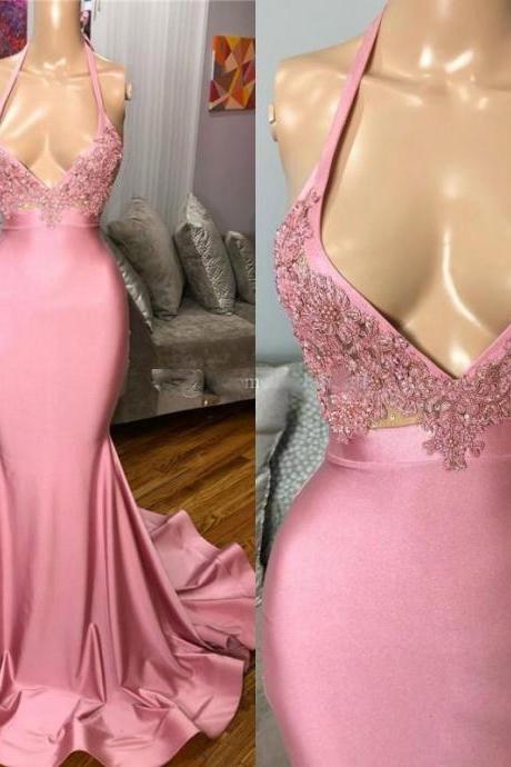 Mermaid Prom Dresses, Lace Prom Dresses, 2020 Prom Dresses, Arabic Prom Dresses, Pink Evening Dresses, V Neck Prom Dresses, Sexy Evening Dresses,