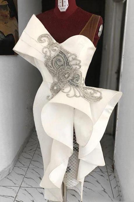 white prom dresses, pearls prom dresses, evening dresses, ruffle prom dresses, white party dresses, fashion evening dresses, satin evening dresses, one shoulder evening gowns, custom make party dresses