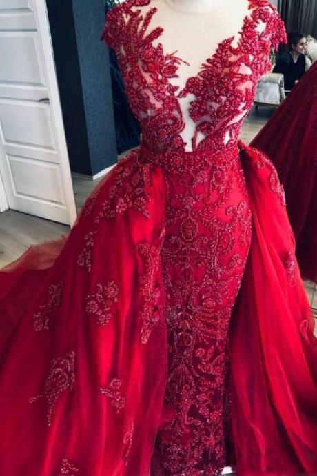 Red Prom Dresses, 2020 Prom Dresses, Pearls Prom Dresses, Lace Evening Dresses, Red Formal Dresses, Red Evening Dresses, Long Party Dresses,