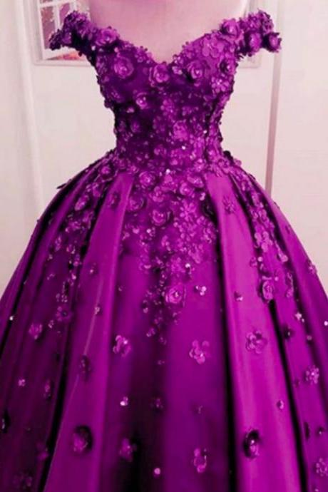 Purple Prom Dresses, 2021 Prom Dresses, Hand Made Flowers Prom Dresses, Lace Prom Dresses, V Neck Prom Dresses, Ball Gown Prom Dresses, Hand Made