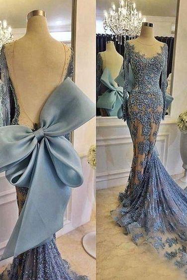 Blue Prom Dresses, Lace Prom Dresses, Backless Prom Dresses, Mermaid Prom Dresses, Bow Prom Dresses, Blue Evening Dresses, Arabic Formal Dresses,