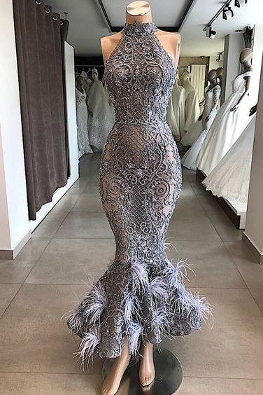 Grey Prom Dresses, Pearls Prom Dresses, Halter Neck Prom Dresses, Lace Prom Dresses, Ruffle Prom Dresses, Beaded Evening Dresses, Feather Prom