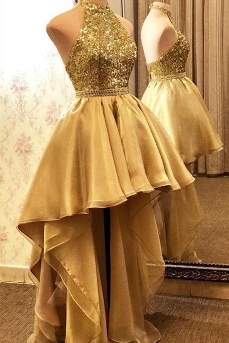Gold Prom Dresses, High Front And Low Back Evening Dresses, Sequins Prom Dresses, Organza Evening Dresses, Gold Formal Dresses, Evening Dresses,