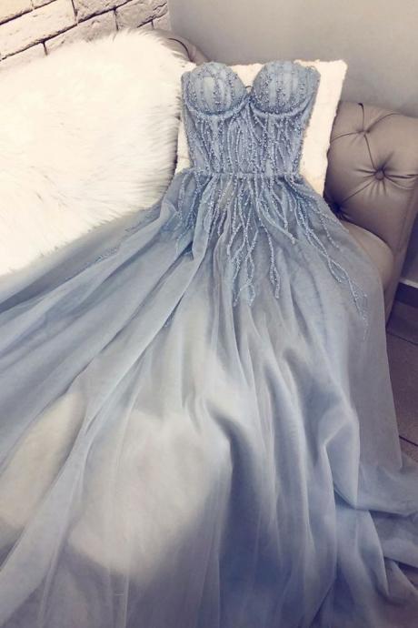 Blue Prom Dresses, Beaded Prom Dresses, Pearls Prom Dresses, Tulle Evening Dresses, Blue Formal Dresses, A Line Evening Dresses, Arabic Party