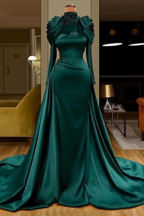 Green Prom Dress, High Neck Prom Dress, Long Sleeve Prom Dress, Satin Evening Dresses, Detachable Skirt Evening Dreses, Pearls Prom Dresses, Long