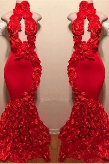 Hand Made Flowers Prom Dresses, Keyhole Prom Dresses, Party Dresses, Sexy Evening Dresses, High Neck Evening Dresses, Mermaid Party Dresses, Sexy