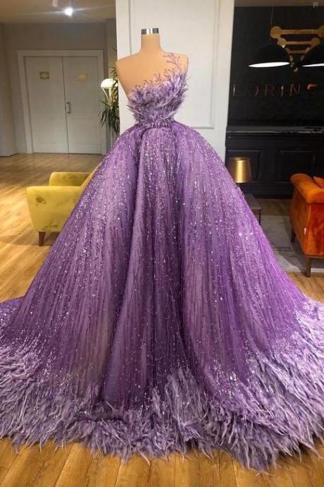 Purple Prom Dresses, Sparkly Prom Dresses, Shinning Prom Dresses, Sequins Prom Dresses, Custom Make Prom Dresses, Feather Prom Dresses, 2021