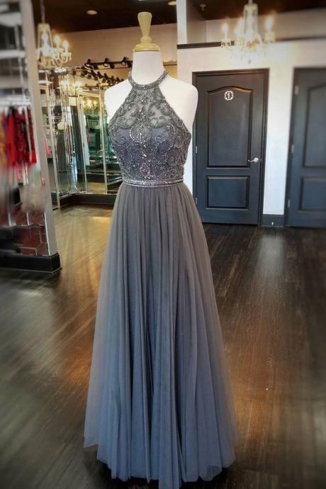 Crystal Prom Dresses, Beaded Prom Dresses, A Line Prom Dresses, Beaded Prom Dresses, Grey Evening Dresses, Crystal Evening Dress, 2021 Prom