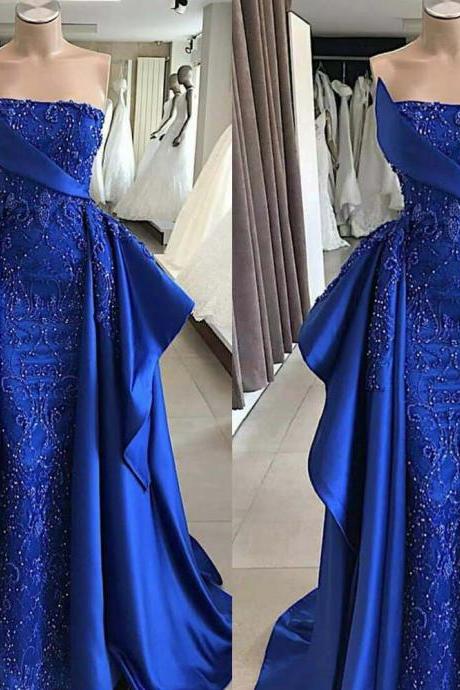 royal blue prom dresses, strapless neckline evening dresses, a line prom dresses, satin evening dresses, evening dresses, custom make formal dresses, party dresses, new arrival evening gowns