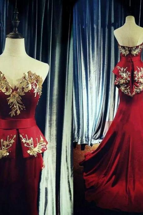 Elegant Wine Red Long Mermaid Prom Dresses With Gold Embroidery Pearls Peplum Prom Gowns Off Shoulder Ruffles Aso Ebi