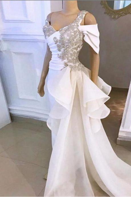 Real Image White Elegant Mermaid Prom Dresses Shiny Crystal Rhinestone Long Prom Gowns Tulle Ruffles Flowing Ribbon