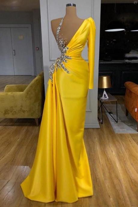 платье Gold Yellow One Shoulder Long Sleeve Prom Dresses Sexy Illusion Beading Chic Party Dress Long Vestidos Zipper Back
