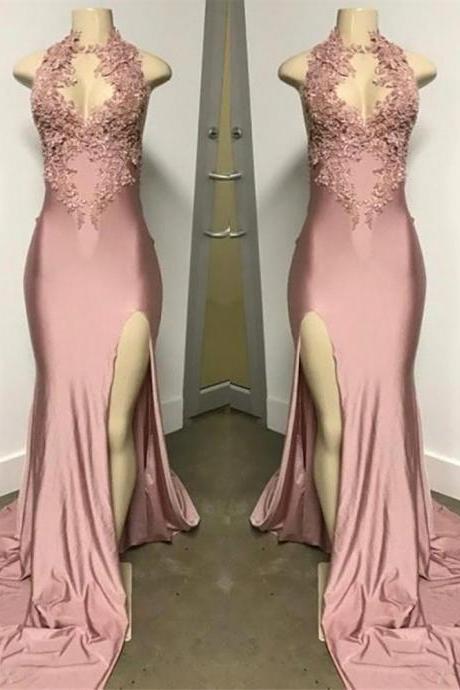 Plus Size Formal Woman Lady Evening Dresses Prom Party Gown Birthday Christmas Mermaid High Neck Beaded Thigh-High Slits Girl