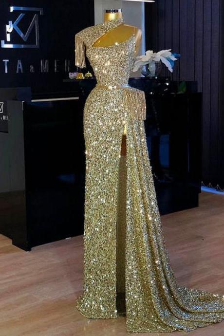 Gold Sequined Straight Prom Dresses High Neck Tassels Sexy High Side Split Robe De Soirée Party Gowns Long Evening Dress