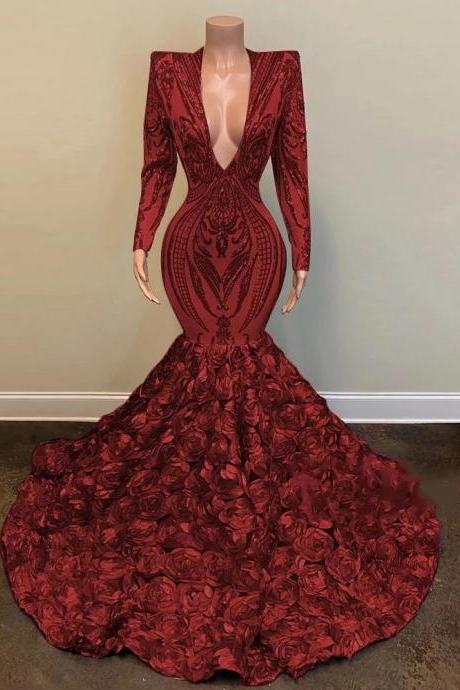 Luxury Prom Dress 2021 V Neck Long Sleeves Sequin African Black Girl Mermaid Gala Formal Party Evening Gowns