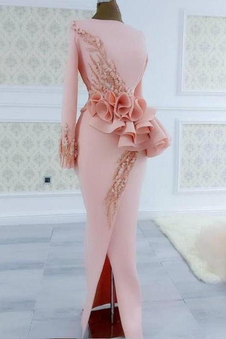 Blush Pink Aso Ebi Evening Dresses Long Sleeves Peplum Beads Appliques Pearls Side Split Mermaid Prom Dress African vestido de novia