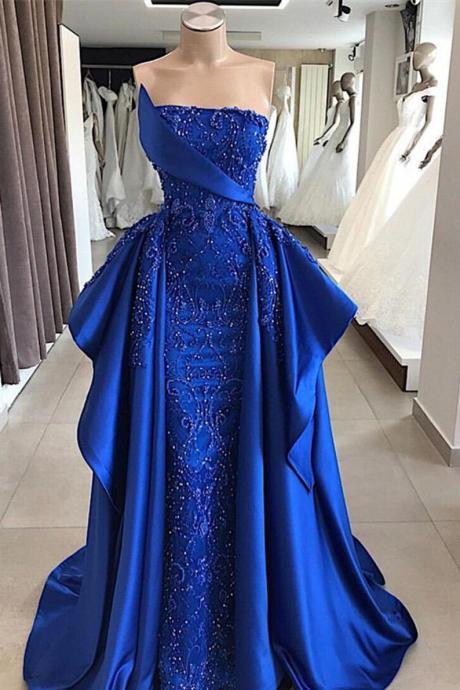 Blue Prom Dresses, 2021 Prom Dresses, Beaded Prom Dresses, Detachable Prom Dresses, Satin Evening Dresses, Formal Dresses, Lace Prom Dresses,