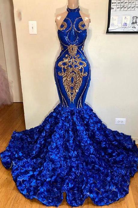 Royal Blue Prom Dresses, Hand Made Flowers Prom Dress, Backless Prom Dresses, Long Evening Gowns, Gold Lace Prom Dresses, Party Dresses, Arabic