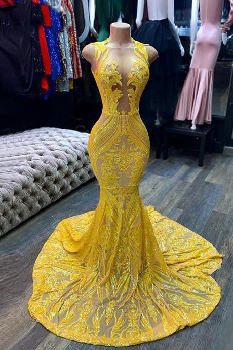 Yellow Prom Dresses, Sheer Prom Dress, Lace Evening Dress, Vintage Prom Dresses, Custom Make Prom Dress, 2021 Prom Dresses, Party Dresses, 2022