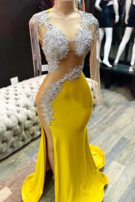 yellow prom dresses, 2021 tassel prom dress, side slit evening dresses, arabic evening dresses, cheap party dresses, sexy formal dress, evening gowns, party dresses, sparkly prom dresses, beaded evening gowns