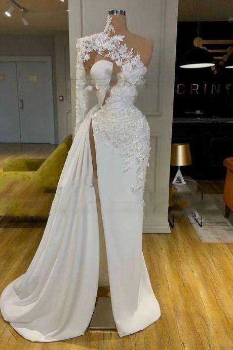 white prom dresses, lace prom dresses, hand made flowers prom dresses, chiffon prom dresses, hand made flowers evening gwons, side slit evening dresses, white evening gowns, long sleeve formal dresses, custom make evening gowns