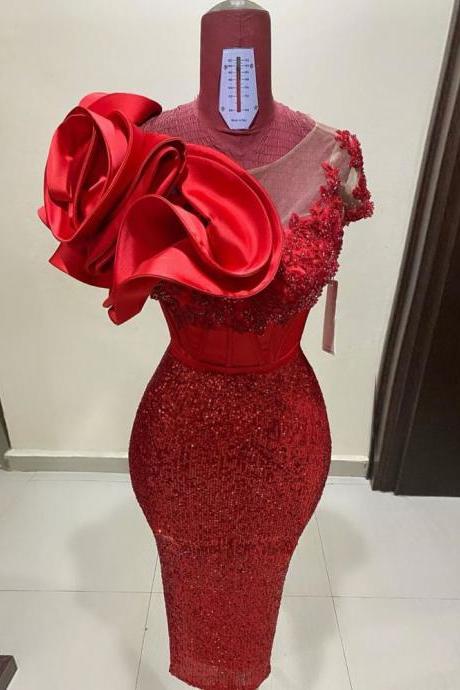 Red Prom Dresses, 2022 Prom Dresses, Lace Prom Dresses, Ruffle Prom Dresses, Custom Make Prom Dresses, Arabic Evening Dress, Hand Made Flowers
