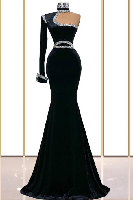 Black Prom Dresses, High Neck Prom Dress, Asymmetrical Prom Dress, Fashion Evening Dress, Beaded Prom Dress, 2022 Evening Dresses, Long Prom